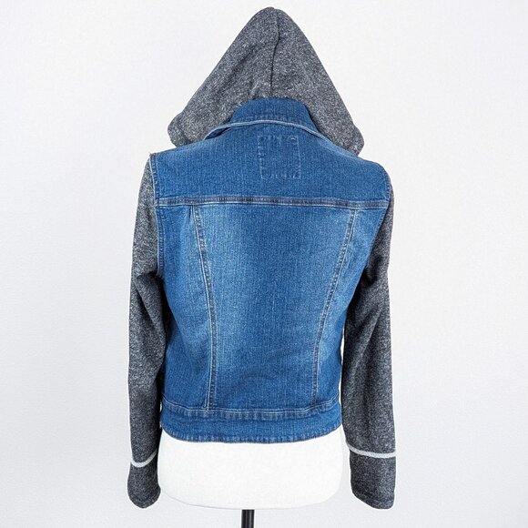 Mossimo Jean Jacket Distressed Denim Hooded Button Colorblock Women's Medium - Picture 4 of 10